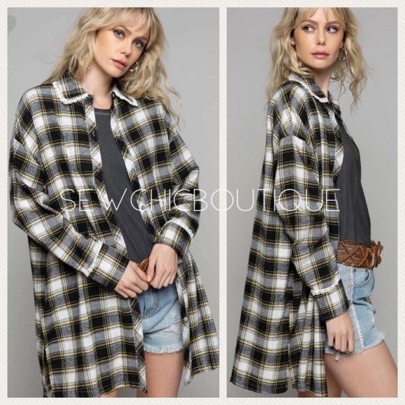 Long Sleeve Plaid Shirt w Lace Collar - Picture 1 of 4